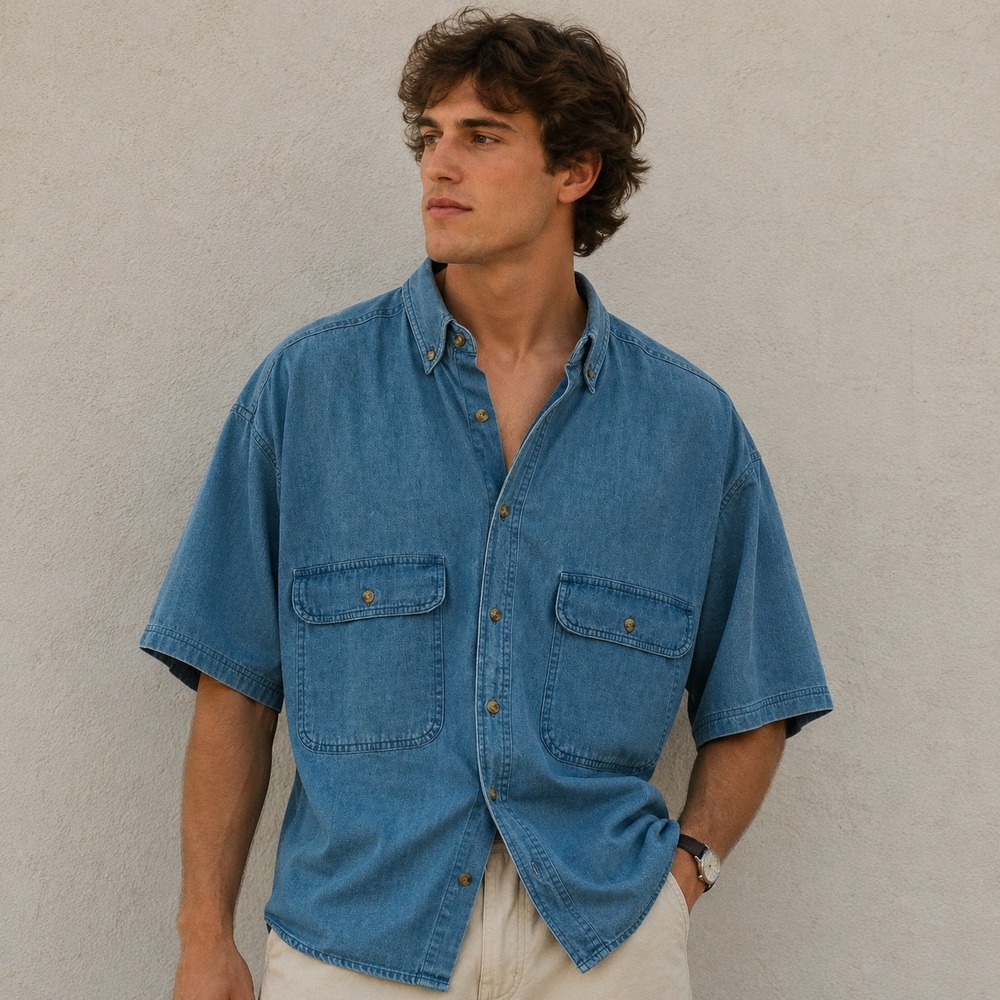 Sierra Pacific Mens Denim Shirt Short Sleeve Light Wash Button Down Blue XL